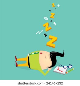 Businessman falling asleep at his work, business concept in sleeping, dozing, relaxing, take a break or lazy at working. Sleeping man in office. vector illustration