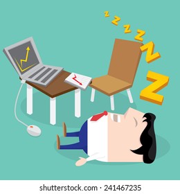 Businessman falling asleep at his work, business concept in sleeping, dozing, relaxing, take a break or lazy at working. Sleeping man in office. vector illustration