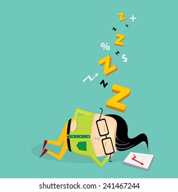 Businessman falling asleep at his work, business concept in sleeping, dozing, relaxing, take a break or lazy at working. Sleeping man in office. vector illustration