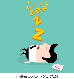 Businessman falling asleep at his work, business concept in sleeping, dozing, relaxing, take a break or lazy at working. Sleeping man in office. vector illustration