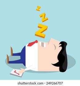 Businessman falling asleep at his work, business concept in sleeping, dozing, relaxing, take a break or lazy at working. Sleeping man in office. vector illustration