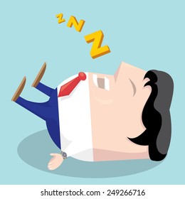 Businessman falling asleep at his work, business concept in sleeping, dozing, relaxing, take a break or lazy at working. Sleeping man in office. vector illustration