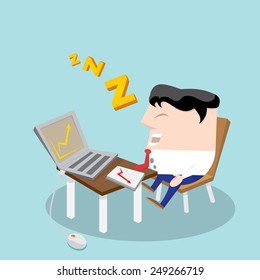 Businessman falling asleep at his work, business concept in sleeping, dozing, relaxing, take a break or lazy at working. Sleeping man in office. vector illustration