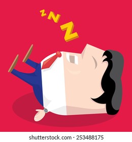 Businessman falling asleep at his work, business concept in sleeping, dozing, relaxing, take a break or lazy at working. Sleeping man in office. vector illustration