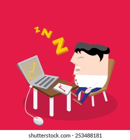 Businessman falling asleep at his work, business concept in sleeping, dozing, relaxing, take a break or lazy at working. Sleeping man in office. vector illustration