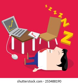 Businessman falling asleep at his work, business concept in sleeping, dozing, relaxing, take a break or lazy at working. Sleeping man in office. vector illustration