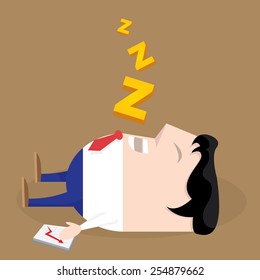 Businessman falling asleep at his work, business concept in sleeping, dozing, relaxing, take a break or lazy at working. Sleeping man in office. vector illustration