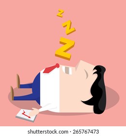 Businessman falling asleep at his work, business concept in sleeping, dozing, relaxing, take a break or lazy at working. Sleeping man in office. vector illustration