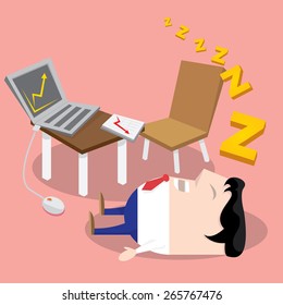 Businessman falling asleep at his work, business concept in sleeping, dozing, relaxing, take a break or lazy at working. Sleeping man in office. vector illustration