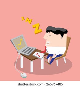 Businessman falling asleep at his work, business concept in sleeping, dozing, relaxing, take a break or lazy at working. Sleeping man in office. vector illustration