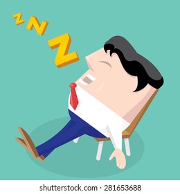 Businessman falling asleep at his work, business concept in sleeping, dozing, relaxing, take a break or lazy at working. Sleeping man in office. vector illustration