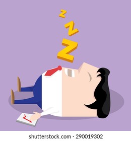 Businessman falling asleep at his work, business concept in sleeping, dozing, relaxing, take a break or lazy. Sleeping man in office. vector illustration