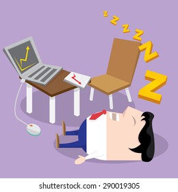 Businessman falling asleep at his work, business concept in sleeping, dozing, relaxing, take a break or lazy. Sleeping man in office. vector illustration