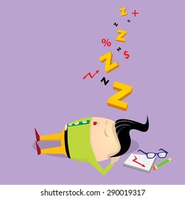 Businessman falling asleep at his work, business concept in sleeping, dozing, relaxing, take a break or lazy. Sleeping man in office. vector illustration