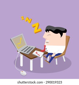 Businessman falling asleep at his work, business concept in sleeping, dozing, relaxing, take a break or lazy. Sleeping man in office. vector illustration
