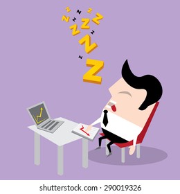 Businessman falling asleep at his work, business concept in sleeping, dozing, relaxing, take a break or lazy. Sleeping man in office. vector illustration