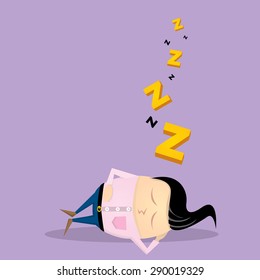 Businessman falling asleep at his work, business concept in sleeping, dozing, relaxing, take a break or lazy. Sleeping man in office. vector illustration