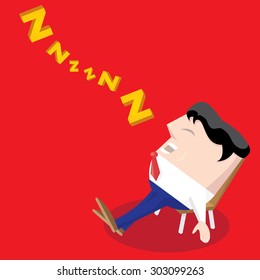 Businessman falling asleep at his work, business concept in sleeping, dozing, relaxing, take a break or lazy at working. Sleeping man in office. vector illustration