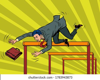 Businessman falling from a barrier. Pop art retro vector illustration kitsch vintage 50s 60s style