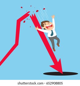 Businessman falling from broken down statistic arrow, falling down chart business concept