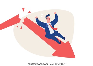 Hombre de negocios cayendo de un gráfico financiero roto, que simboliza la caída del mercado de valores, la recesión económica, la crisis financiera, la pérdida de inversión, el fracaso empresarial y la ilustración del concepto de problema monetario.