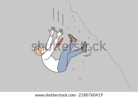 Businessman falling from cliff engaged in risky business affair. Scared male employee in crisis or financial debt pit. Bankruptcy and failure. Vector illustration. 