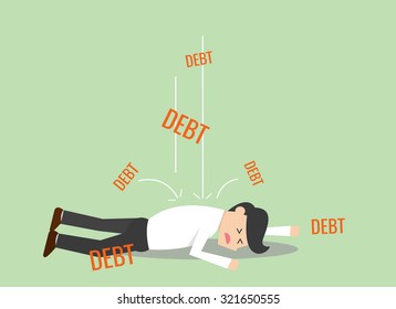 businessman falling down because of a lot of debt