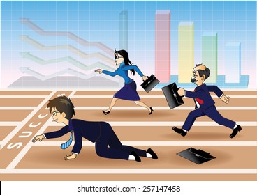 Businessman falling down before the success line