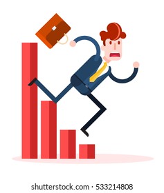 Businessman Falling Down Business Graph on White Background. Isolated Flat Vector Illustration.