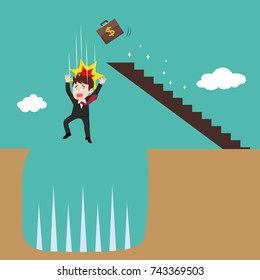Businessman falling down in knife well, money crisis concept