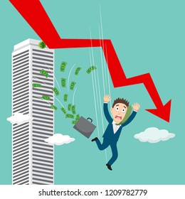Businessman is falling from a graphic chart going downwards, illustration vector cartoon