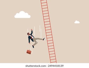 Businessman falling from high ladder. Business failure. Investor losing money or job position demote. Flat vector illustration