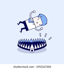 Businessman falling into bear trap. Cartoon character thin line style vector.