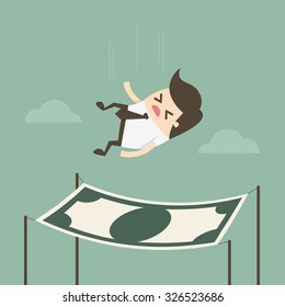 Businessman falling into a financial safety net. Business concept cartoon illustration.