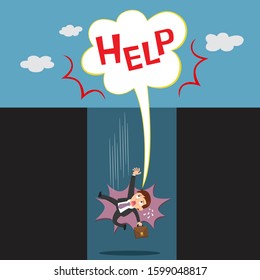Businessman falling into hole with word help, illustration vector cartoon
