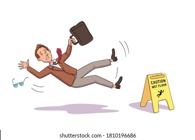 Businessman falling near Caution wet floor yellow sign. Scared man in suit, holding briefcase, slipped. Vector character illustration of traumatic situation, damage from carelessness, health risk