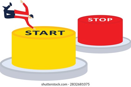 Businessman falling near start button with stop button beside
