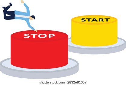 Businessman falling near stop button with start button beside
