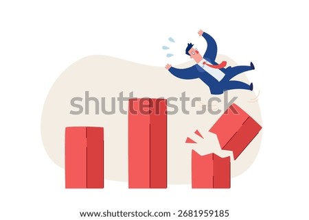 Businessman falling off broken bar chart, symbolizing financial crisis, stock market crash, economic downturn, business failure, investment loss, and unstable economy concept illustration.