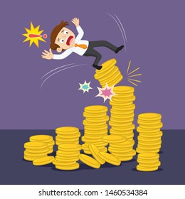 Businessman falling out of money pile, illustration vector cartoon
