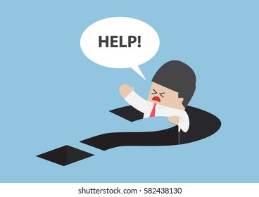 Businessman falling in question mark hole, confused concept