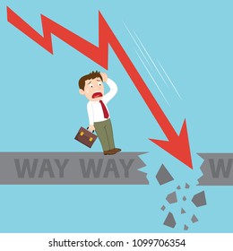 Businessman with falling red arrow graph break in the ground, illustration vector cartoon