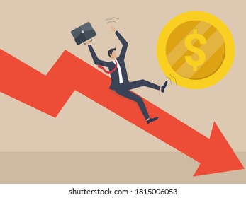 Empresario que cae de la flecha roja del gráfico de gráficos, 
concepto de quiebra. ilustración vectorial