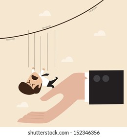 Businessman falling from rope to the big hand
