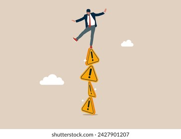 Businessman falling from stack of unstable exclamation attention sign. Unstable cooperation, risky situation. Flat vector illustration