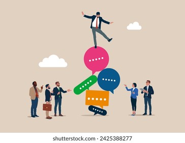 Businessman falling from stack of unstable speech bubbles. Conversation, meeting, team communication, colleague chatting, opinion. Flat vector illustration