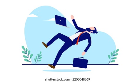 Businessman falling - Unlucky man stumbling and fall with computer and briefcase. Failure and misfortune concept. Flat design vector illustration with white background