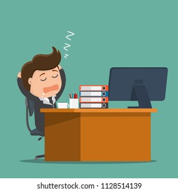 Businessman falls asleep at his desk. Vector illustration.