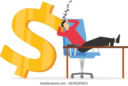 Businessman falls asleep on his desk with heavy gold coins, stock illustration

