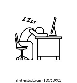 Businessman falls asleep on the work. Tired man. Line icon. Tired man sleeping in the office sitting on a chair behind the office Desk. Businessman working on the computer. Vector illustration